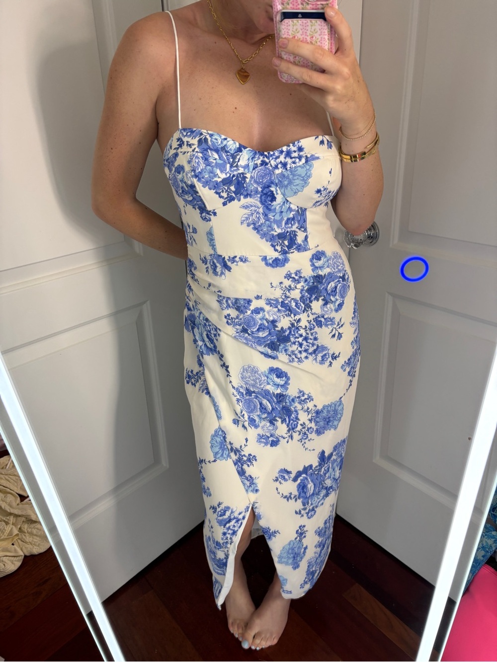 BHLDN White Maxi Dress with Blue Floral Motif